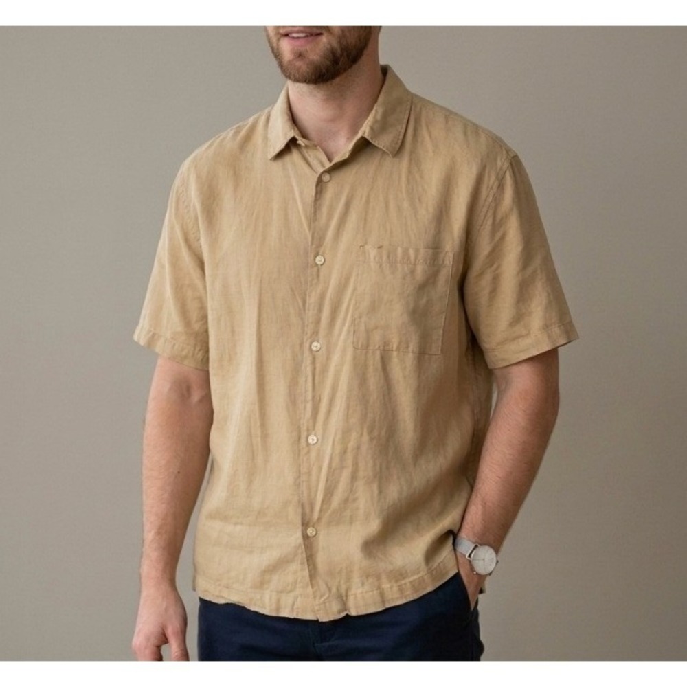 H&M Mens Relaxed Fit Linen Blend Short Sleeve Button Down Shirt Tan Khaki Large